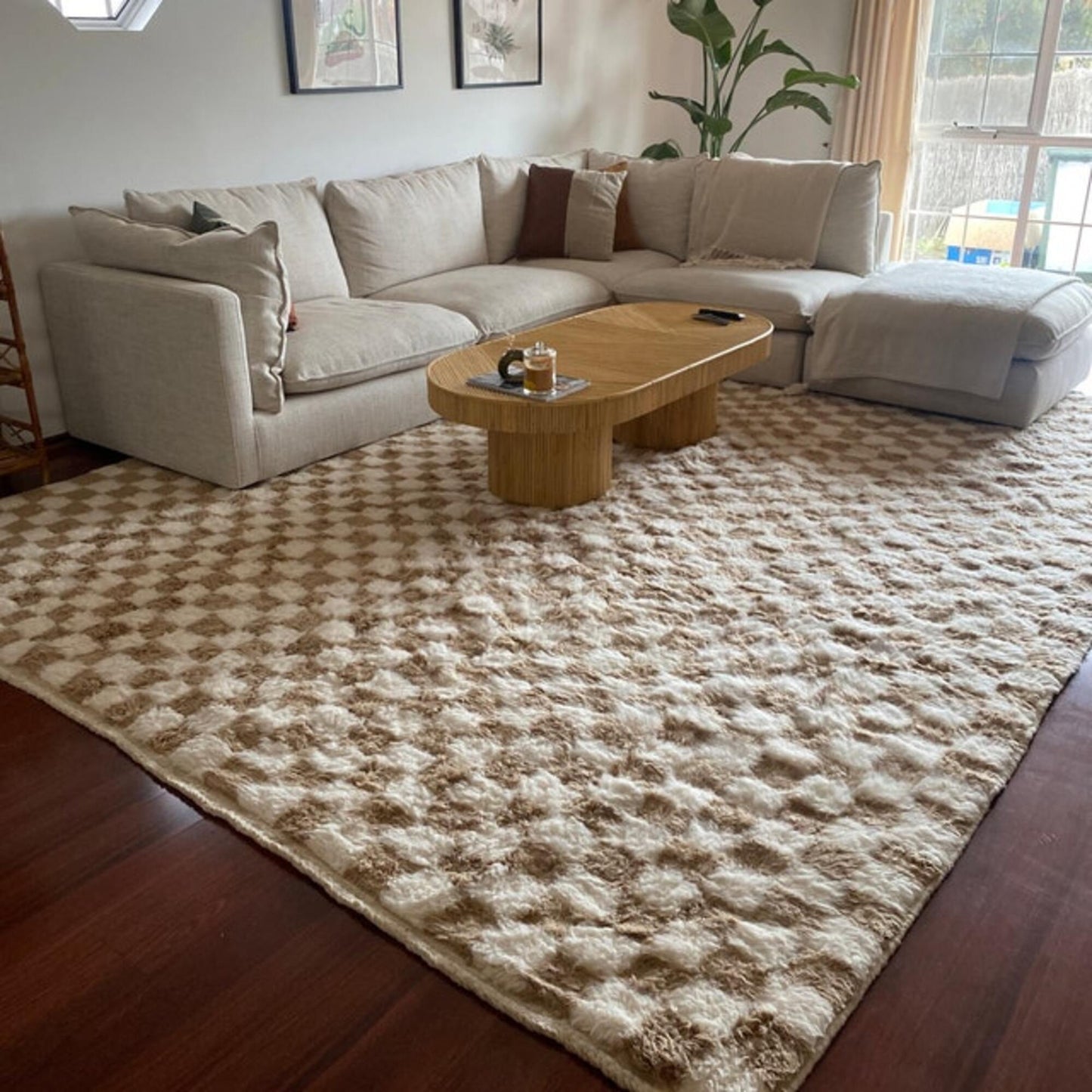 Moroccan-Beige-and-white-Checkered-Rug-in-large-living-room-area