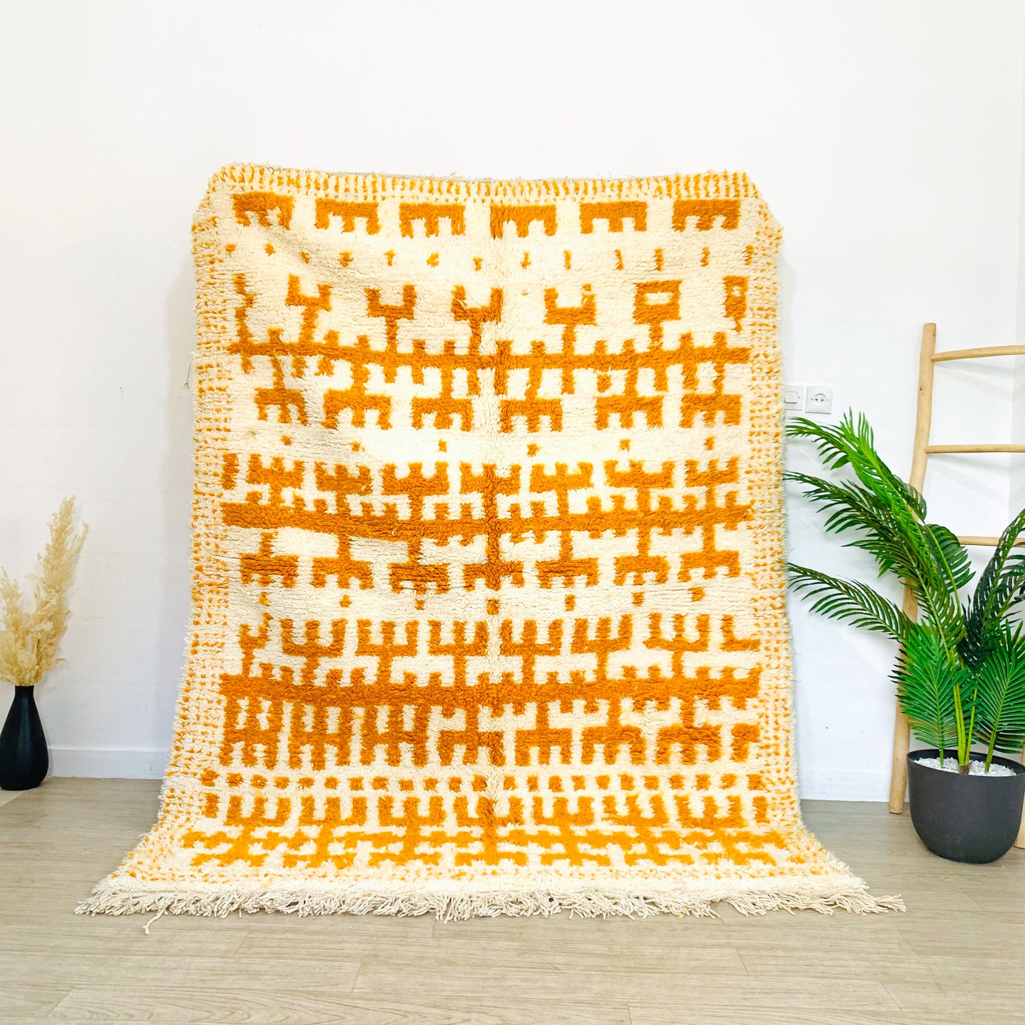 Moroccan White and Yellow Beni Ouarain  Rug