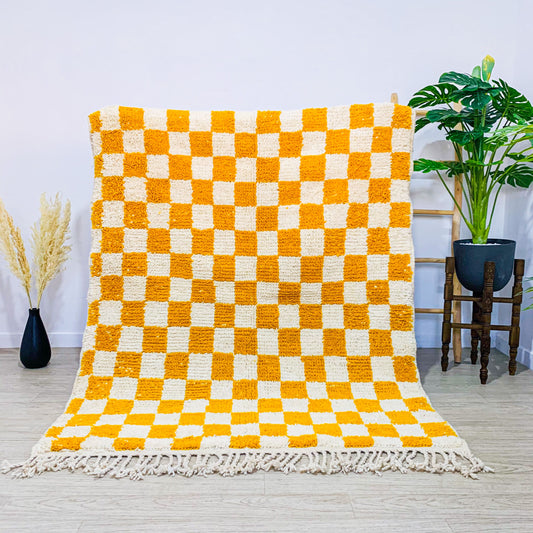 Yellow-Orange Checkered Rug, Moroccan Shag Rug