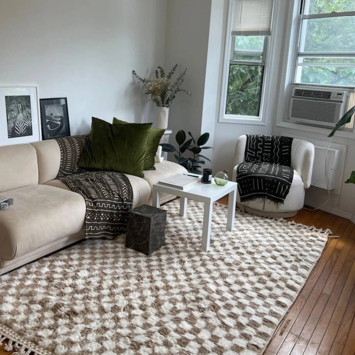 Beige And White Checkered Rug, Moroccan Checkered Rug