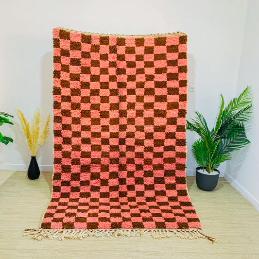 Moroccan Brown and Pink Beni Ouarain Checkered Rug