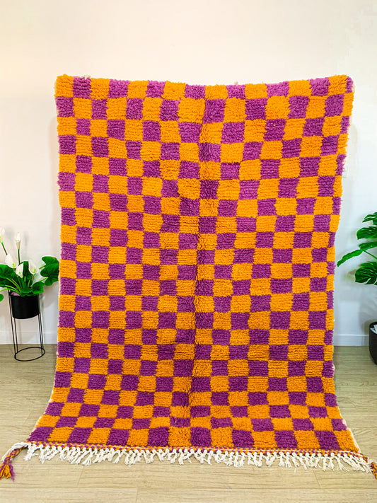 Moroccan Orange and Purple Beni Ouarain Checkered Rug